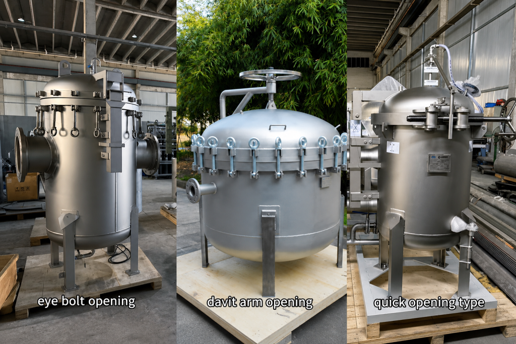 Multi-bag filter housing with quick clamp, eye bolt, and davit arm opening mechanisms